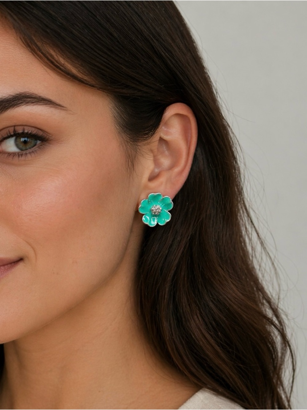 Turquoise Enamel Flower Stud Earrings Silver Tone NWOT